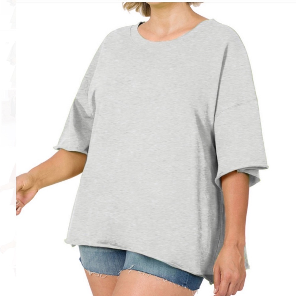 ZENANA 
Oversized Raw Edge Drop Shoulder Top - Picture 2 of 9